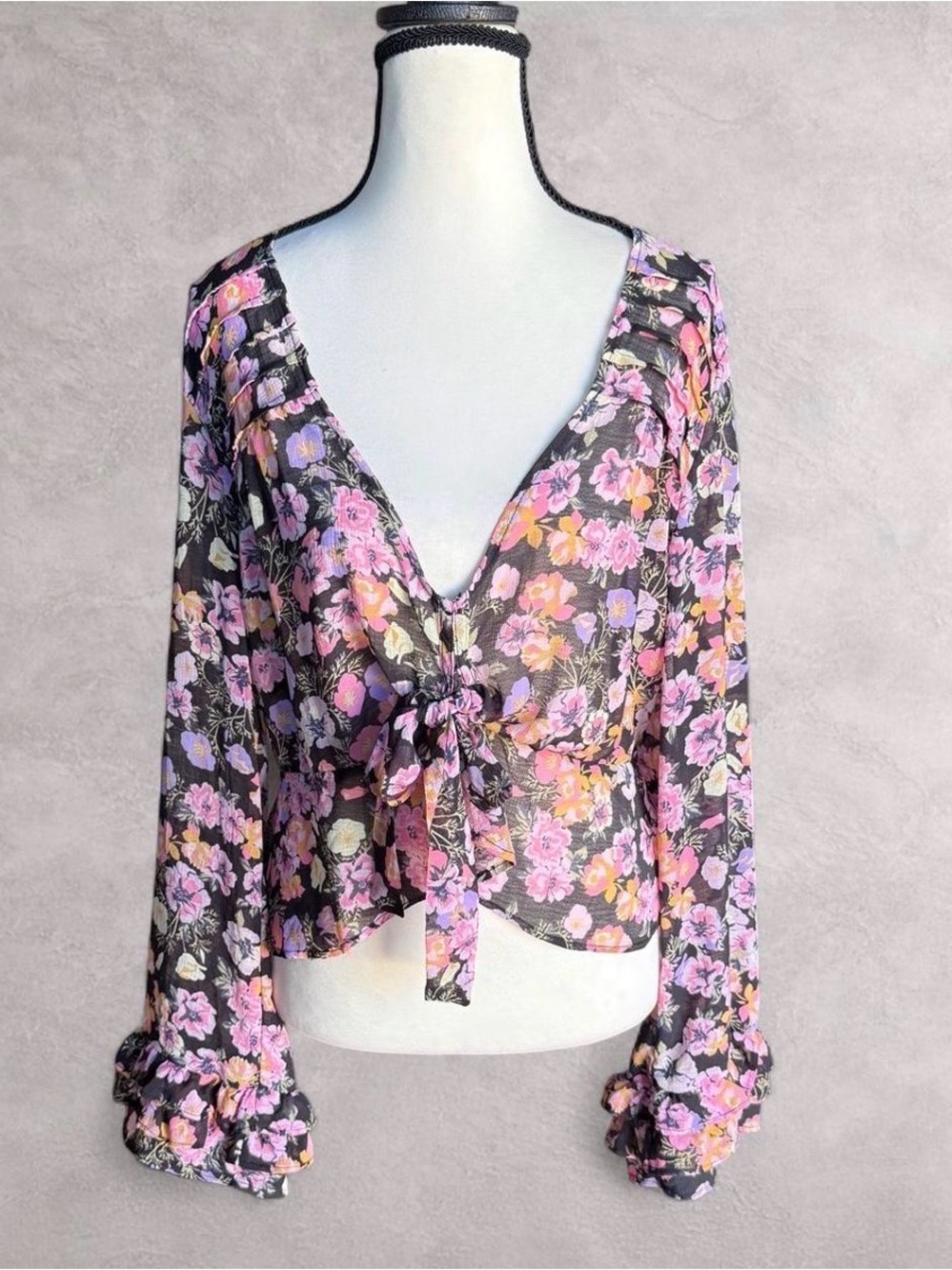 Free People Maybel Floral Tie Front Blouse - Size M